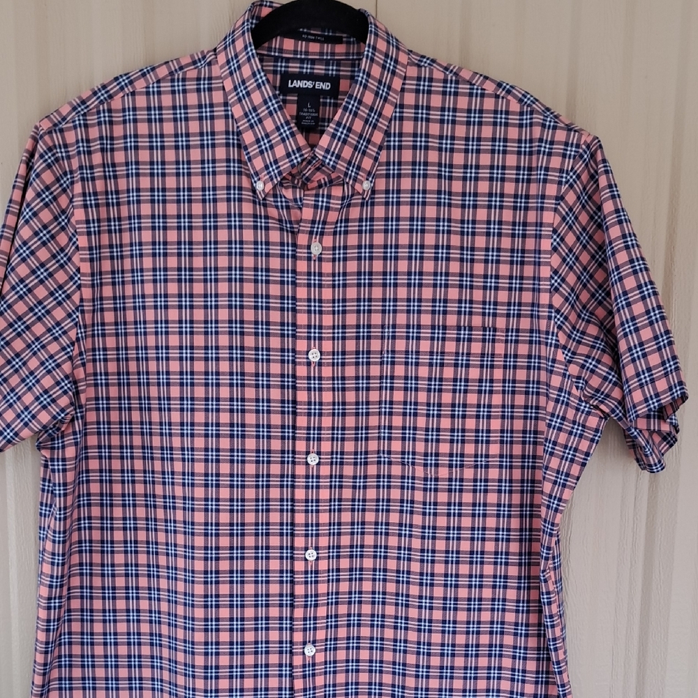 NWOT. Lands' End Men's Casual Coral and Blue Checkered Shirt.  Size Large.